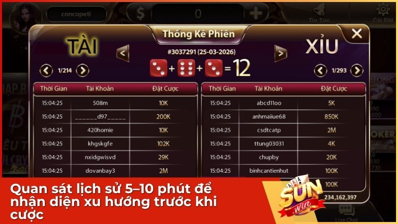 Quan sát lịch sử 5–10 phút để nhận diện xu hướng trước khi cược